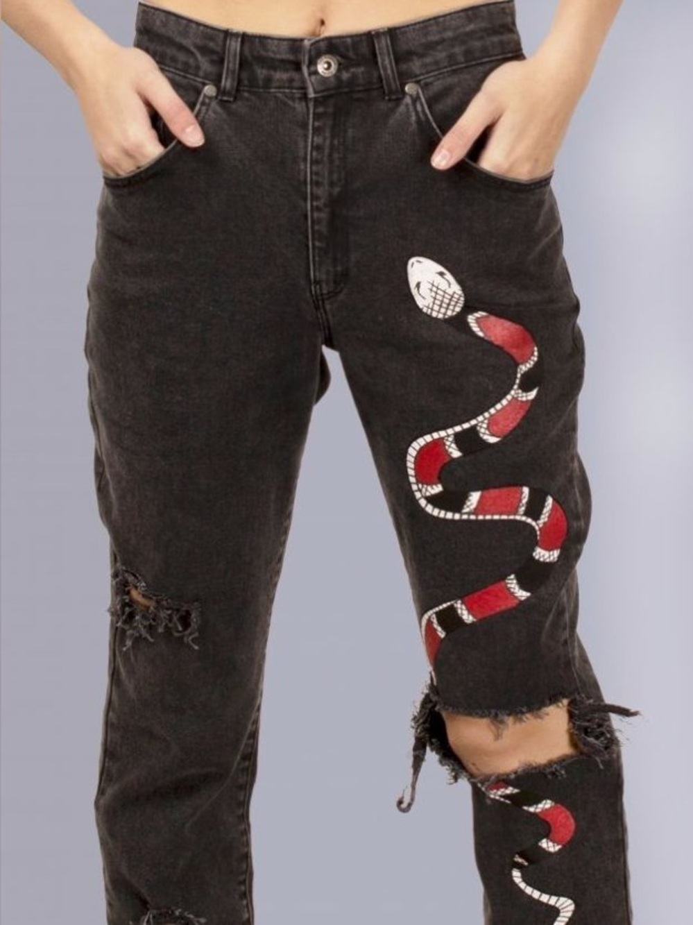 The Ragged Priest Black Straight Leg Jeans with Red & White Snake Patch